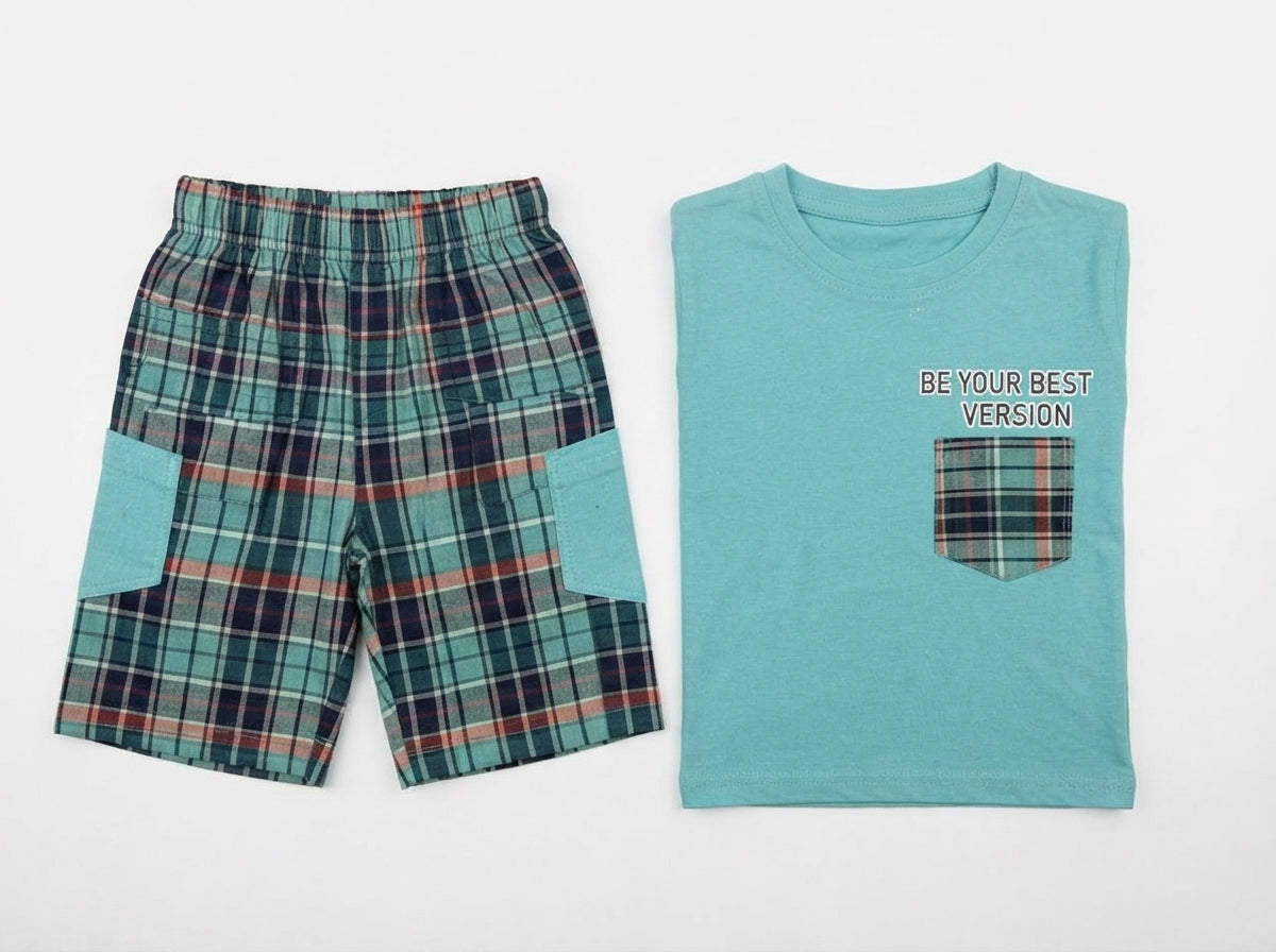 Turquoise Jersey Check Cotton Boys Suit