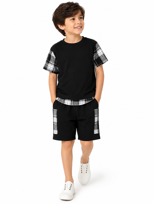 Black Jersey with cotton check girls t, shirt, shorts