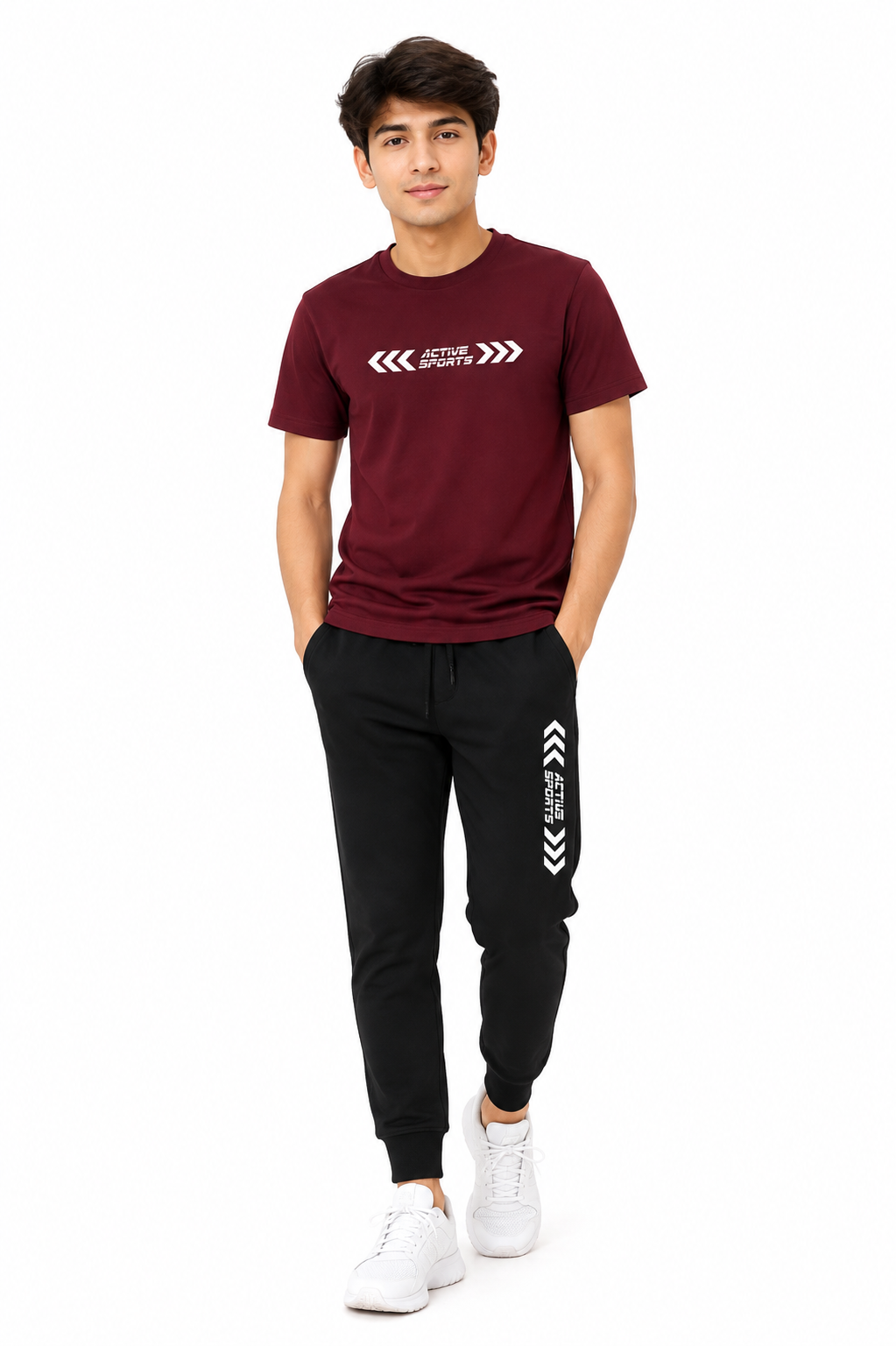 Meroon t, shirt with black trousers