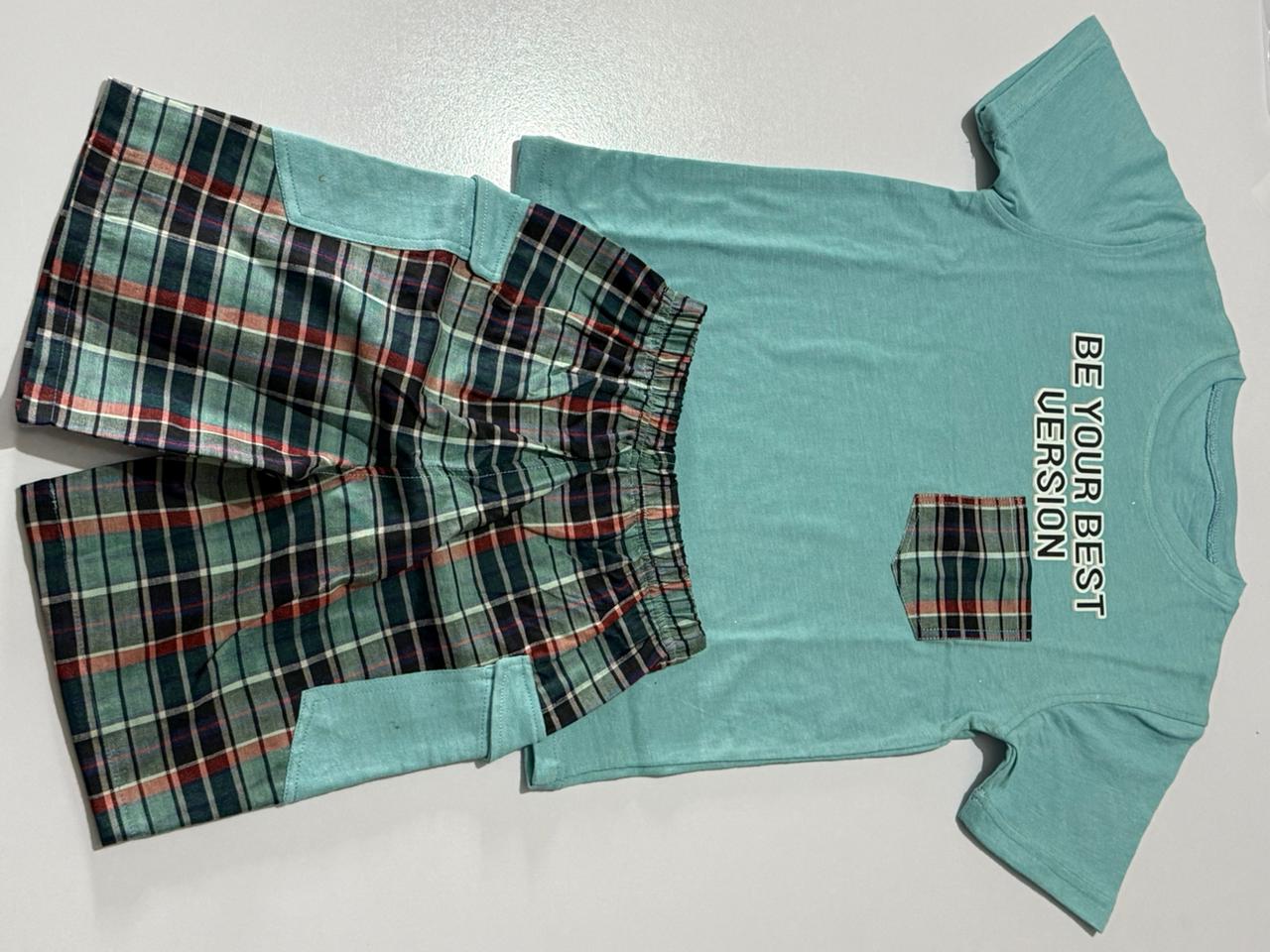 Turquoise Jersey Check Cotton Boys Suit