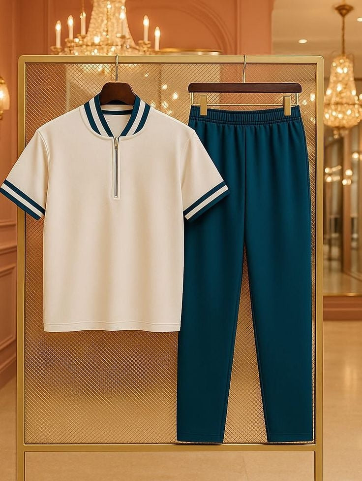 Boys Skin zipper t, shirt with blue trousers